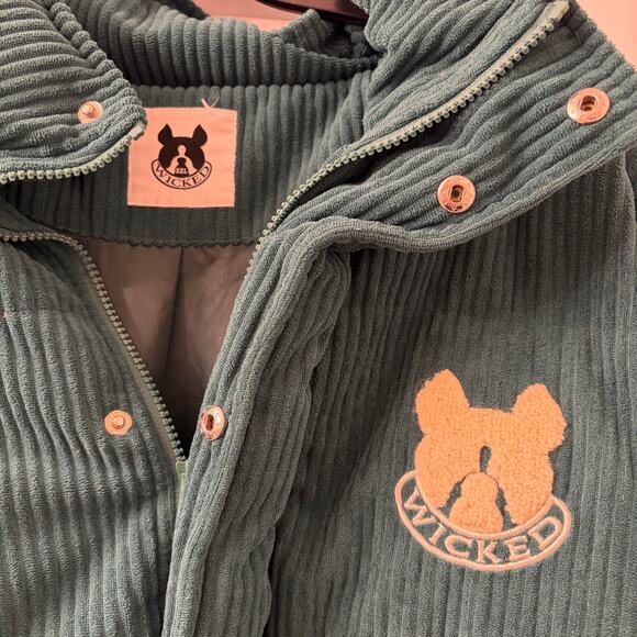 Wicked Corduroy Puffer Jacket Green XXL Dog Logo Zip Up Winter Coat - Picture 5 of 6